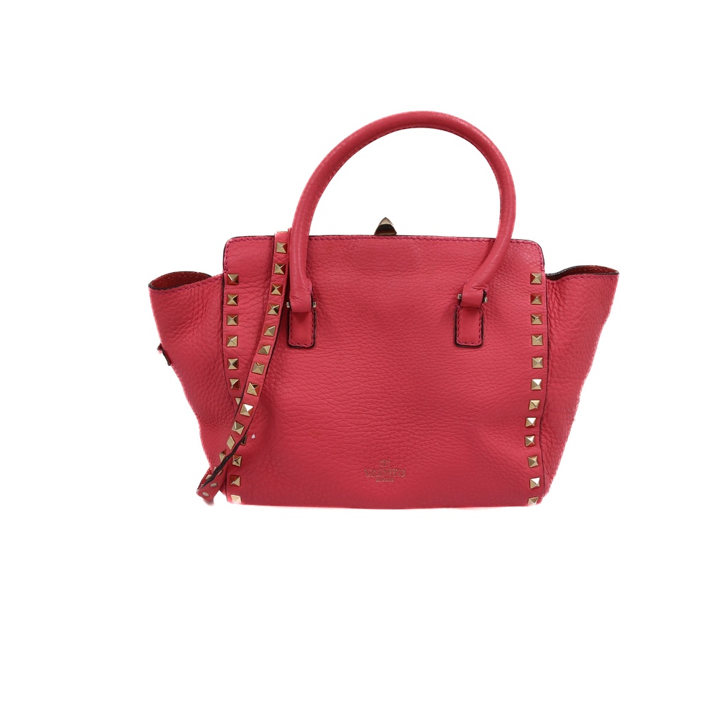 Valentino Garavani Vitello Small Rockstud Double Handle Tote Fuxia