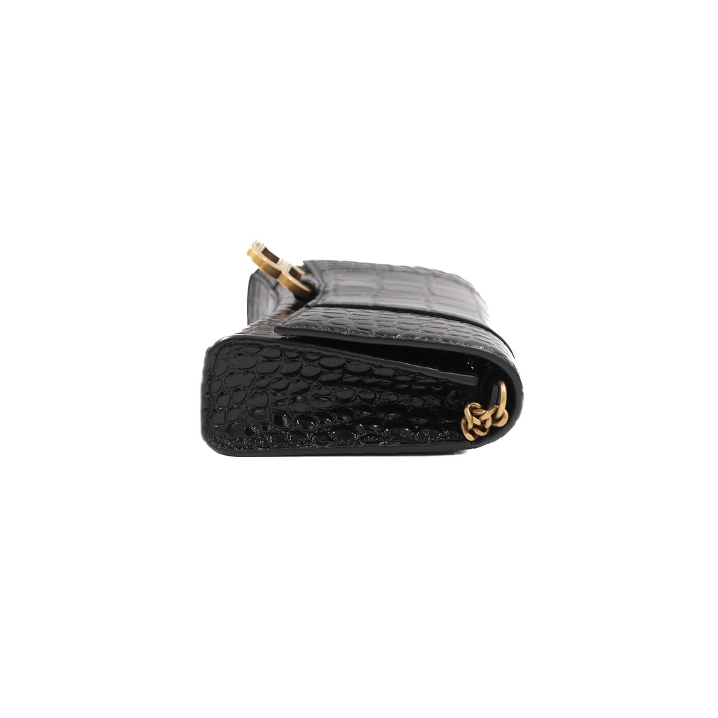 Balencia Hourglass Wallet On Chain in black croc-effect leather
