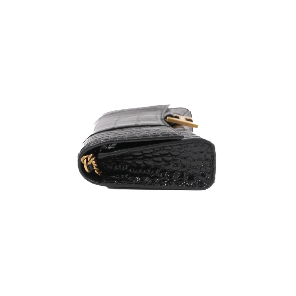 Balencia Hourglass Wallet On Chain in black croc-effect leather