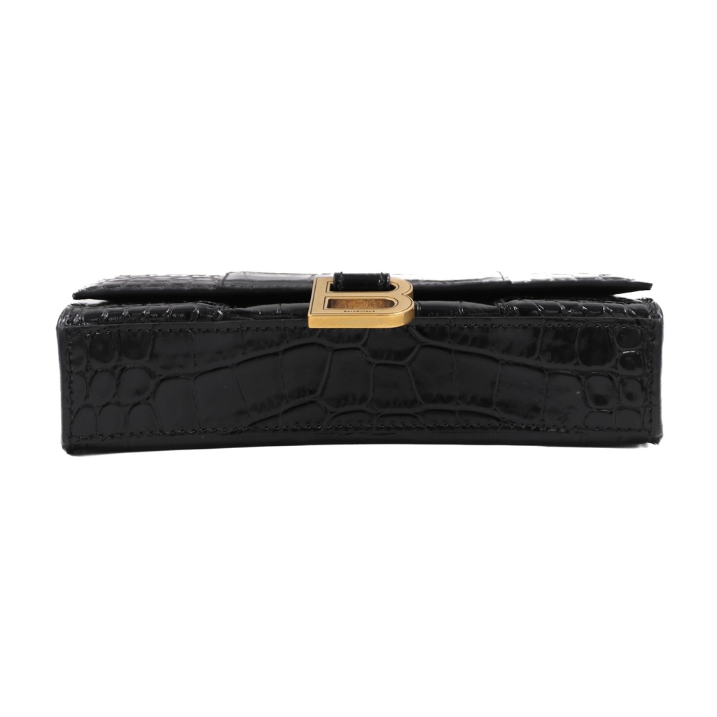 Balencia Hourglass Wallet On Chain in black croc-effect leather