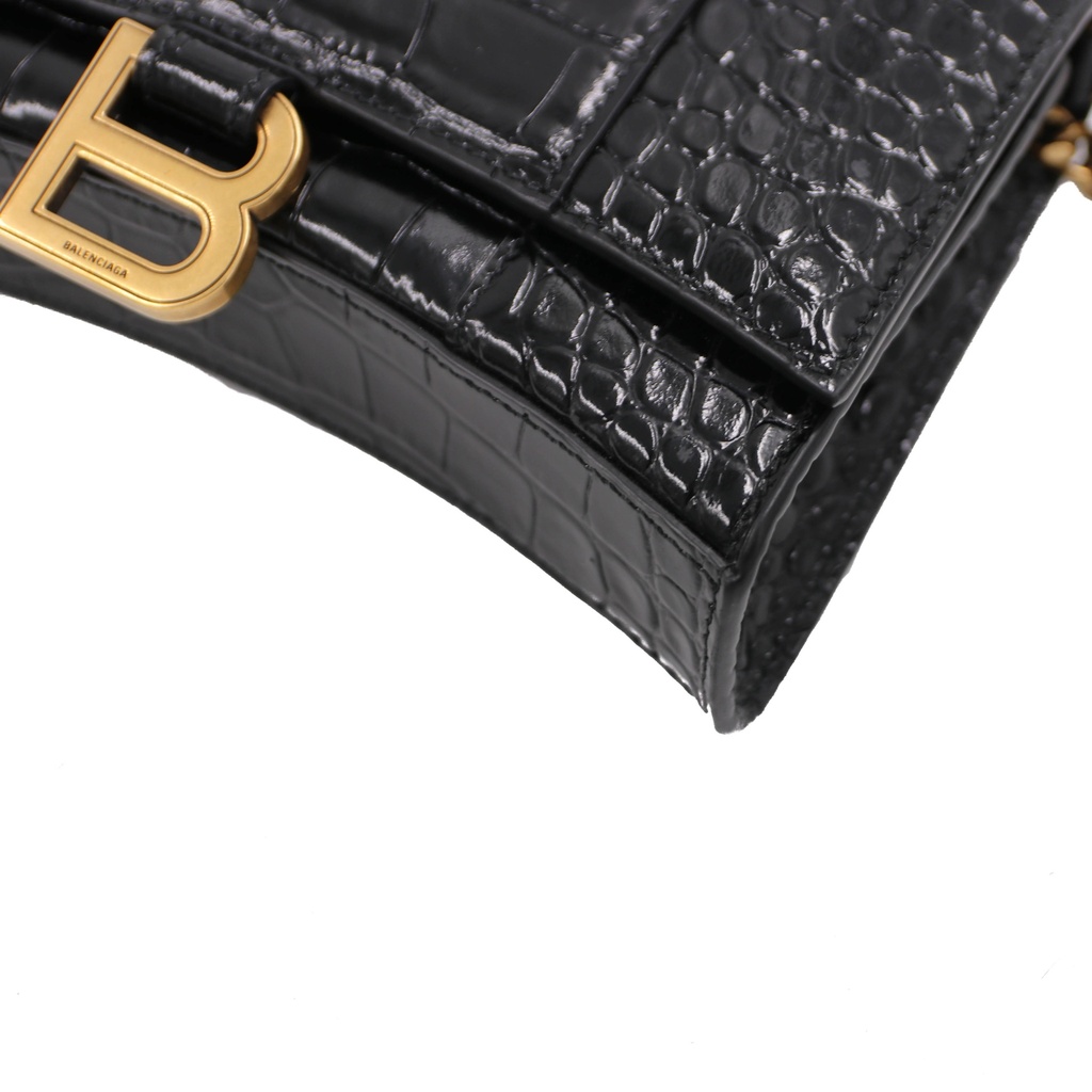 Balencia Hourglass Wallet On Chain in black croc-effect leather