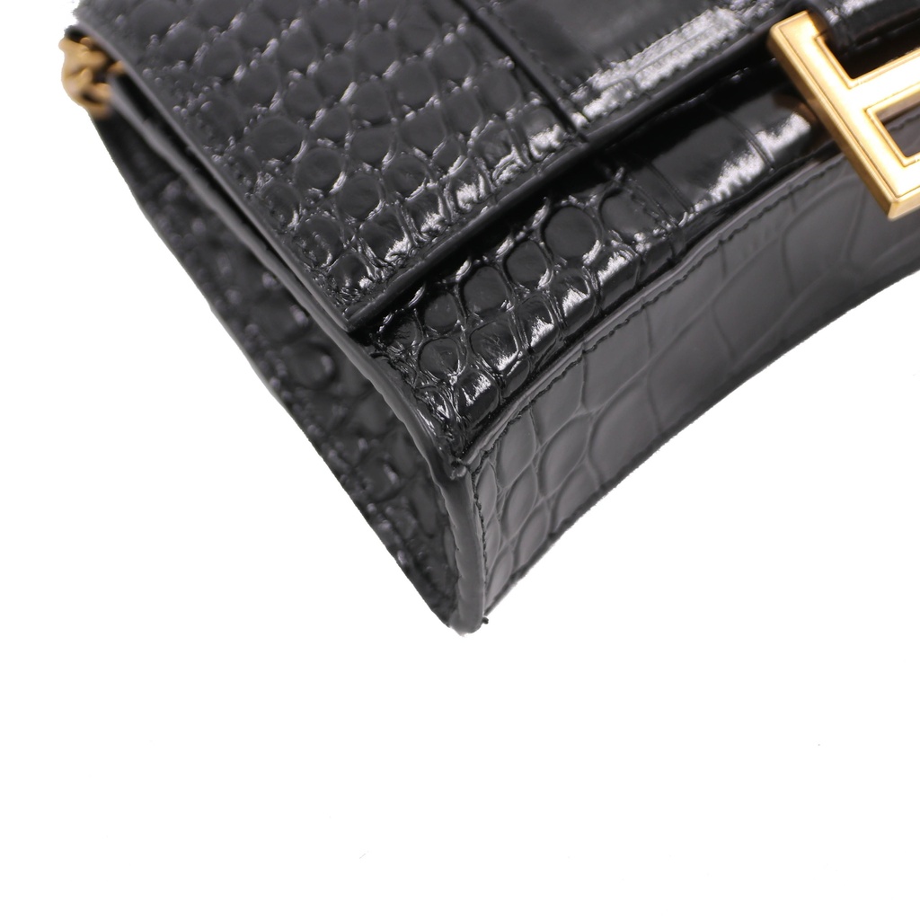 Balencia Hourglass Wallet On Chain in black croc-effect leather