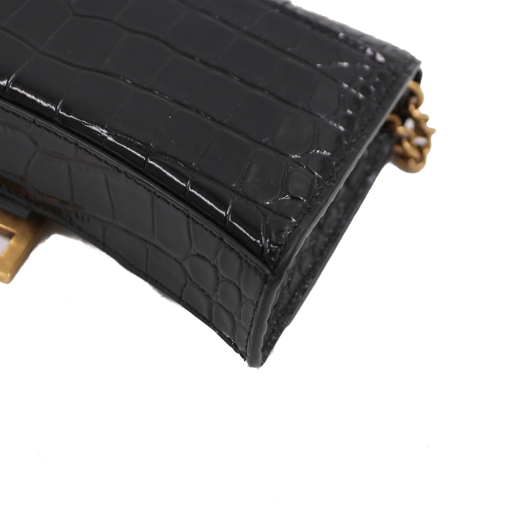Balencia Hourglass Wallet On Chain in black croc-effect leather
