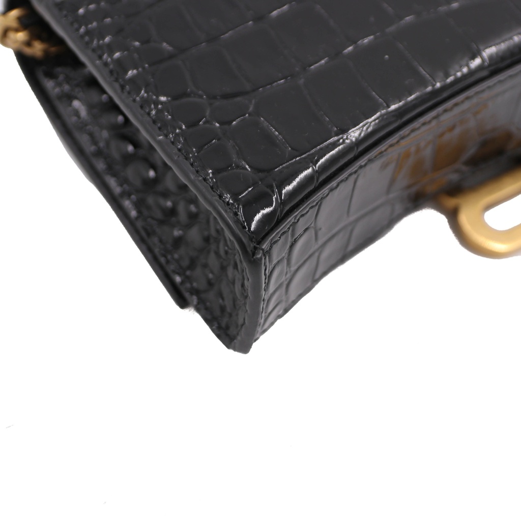 Balencia Hourglass Wallet On Chain in black croc-effect leather