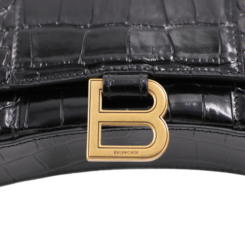 Balencia Hourglass Wallet On Chain in black croc-effect leather