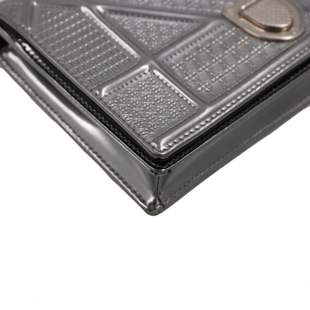 Christian Dior Metallic Patent Micro-Cannage Diorama Wallet on Chain Silver