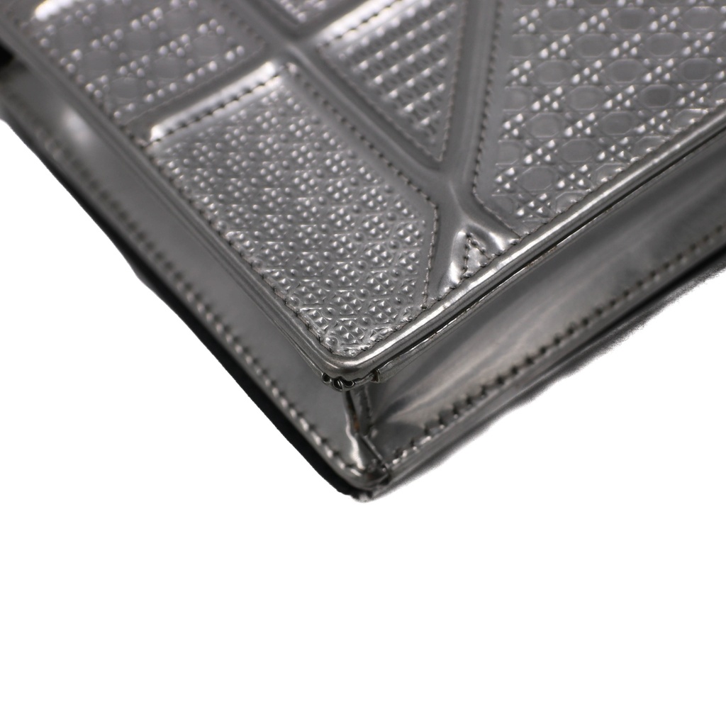 Christian Dior Metallic Patent Micro-Cannage Diorama Wallet on Chain Silver