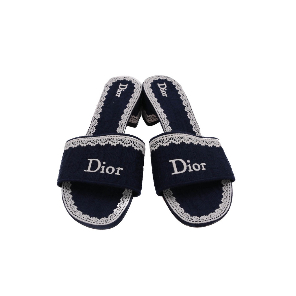 Christian Dior Dway Slide Blue Toile de Jouy Embroidered Cotton 41 1/2