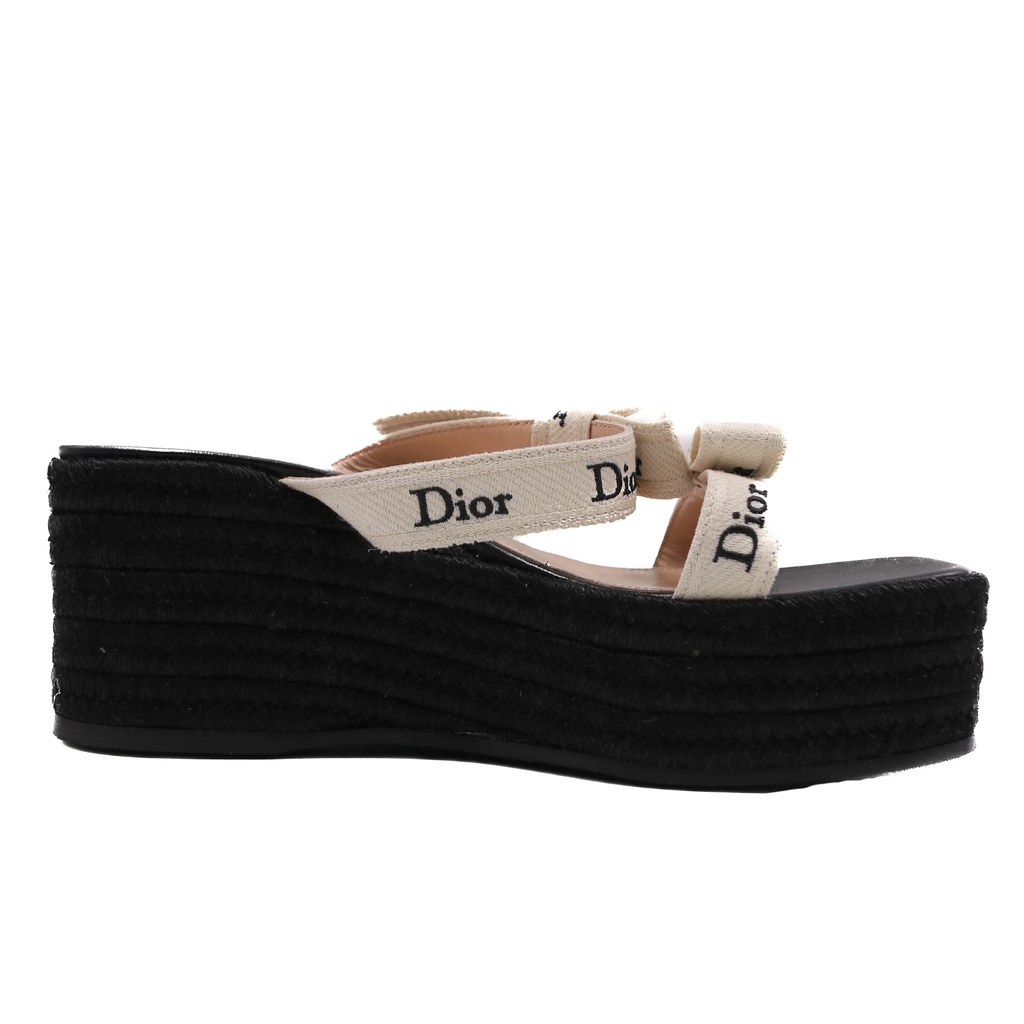 Christian Dior Heeled Sandal with J'adore Straps Black Embroided Cotton Size 36 1/2