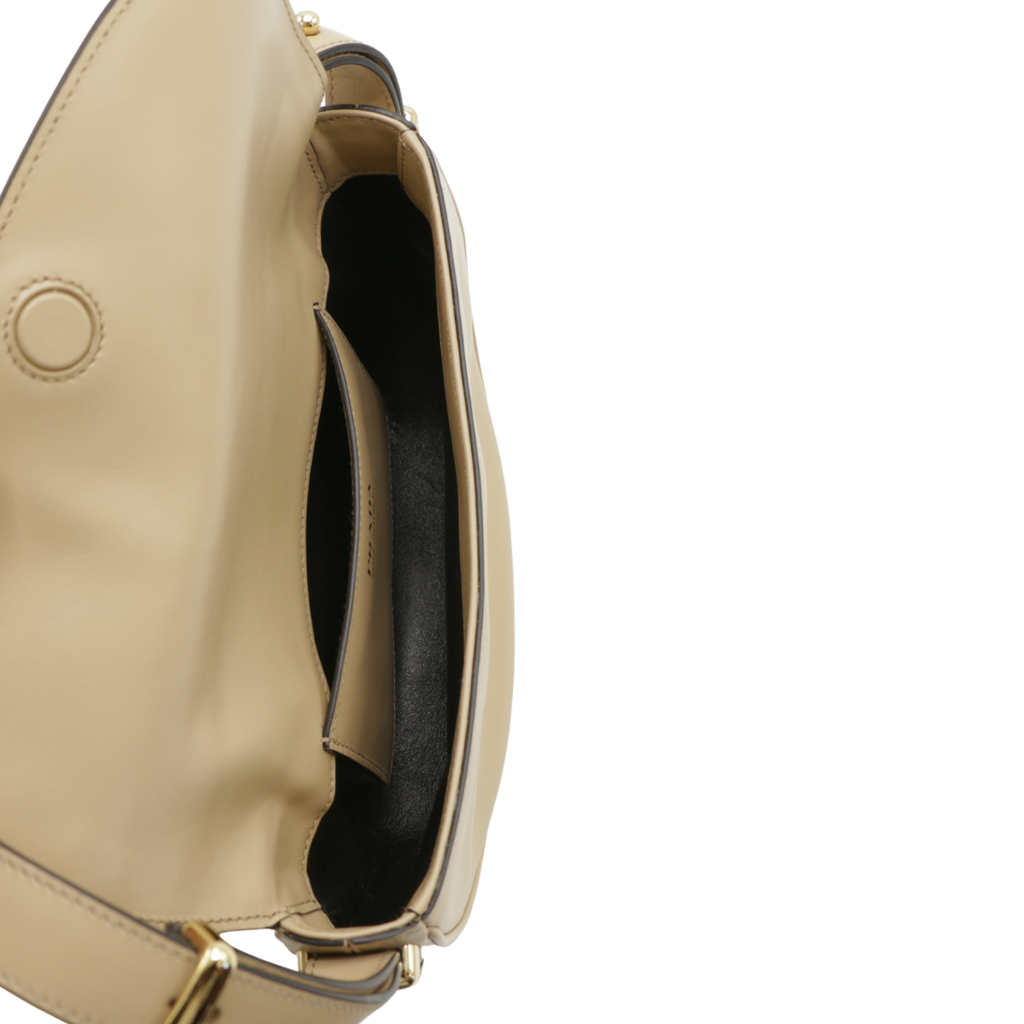 Prada Arqué leather shoulder bag with flap Camel
