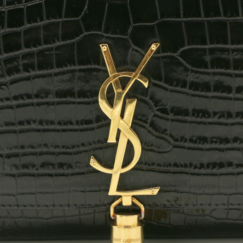 Yves Saint Laurent Kate Croc Embossed Black Leather Bag