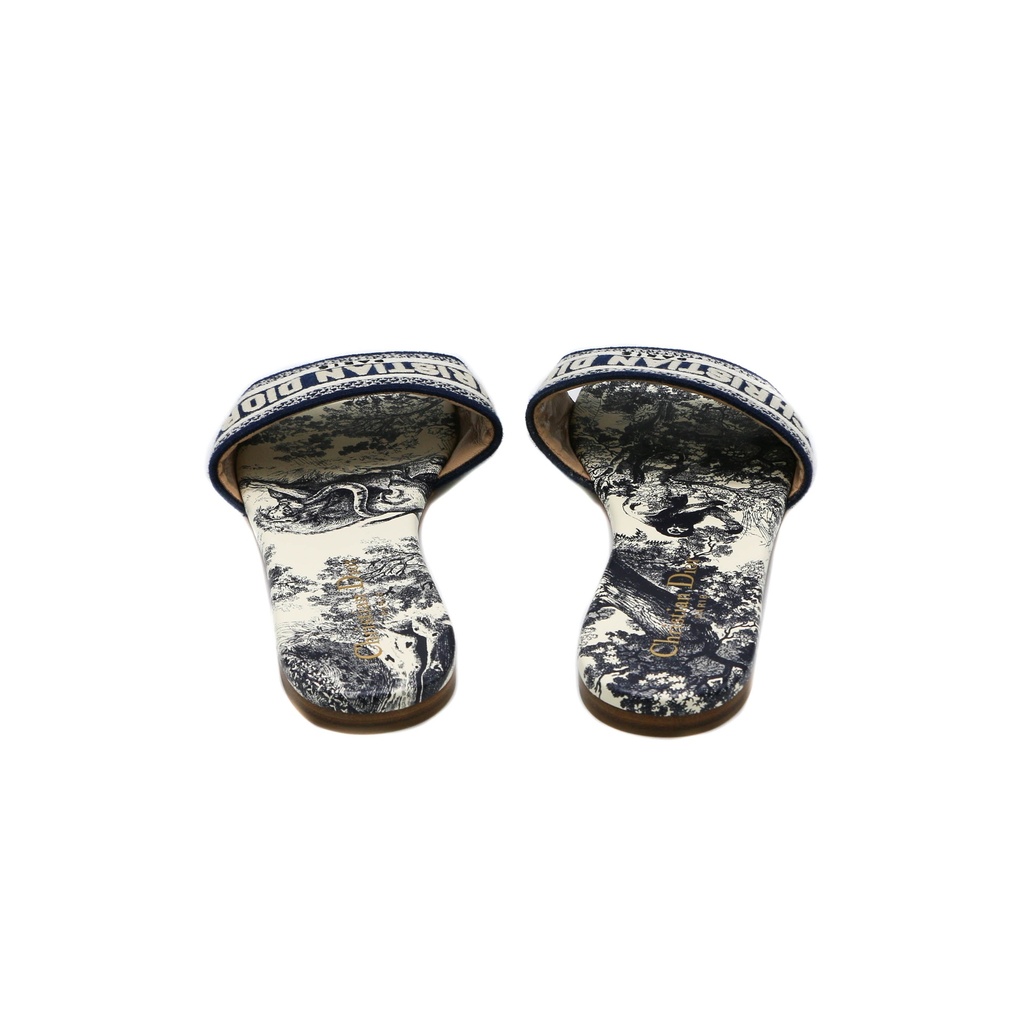 Christian Dior Dway Slide Blue Embroidered Cotton Toile de Jouy Size 37 1/2