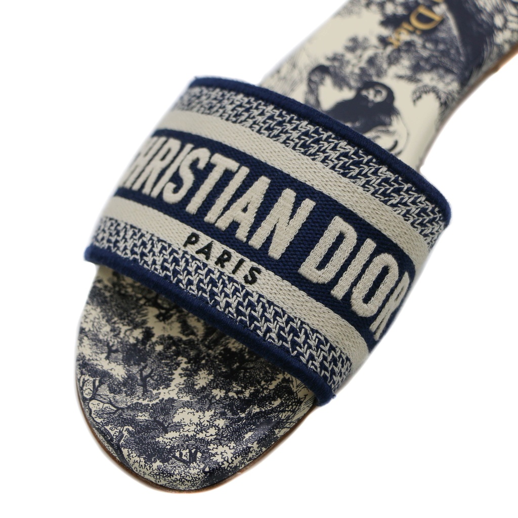 Christian Dior Dway Slide Blue Embroidered Cotton Toile de Jouy Size 37 1/2