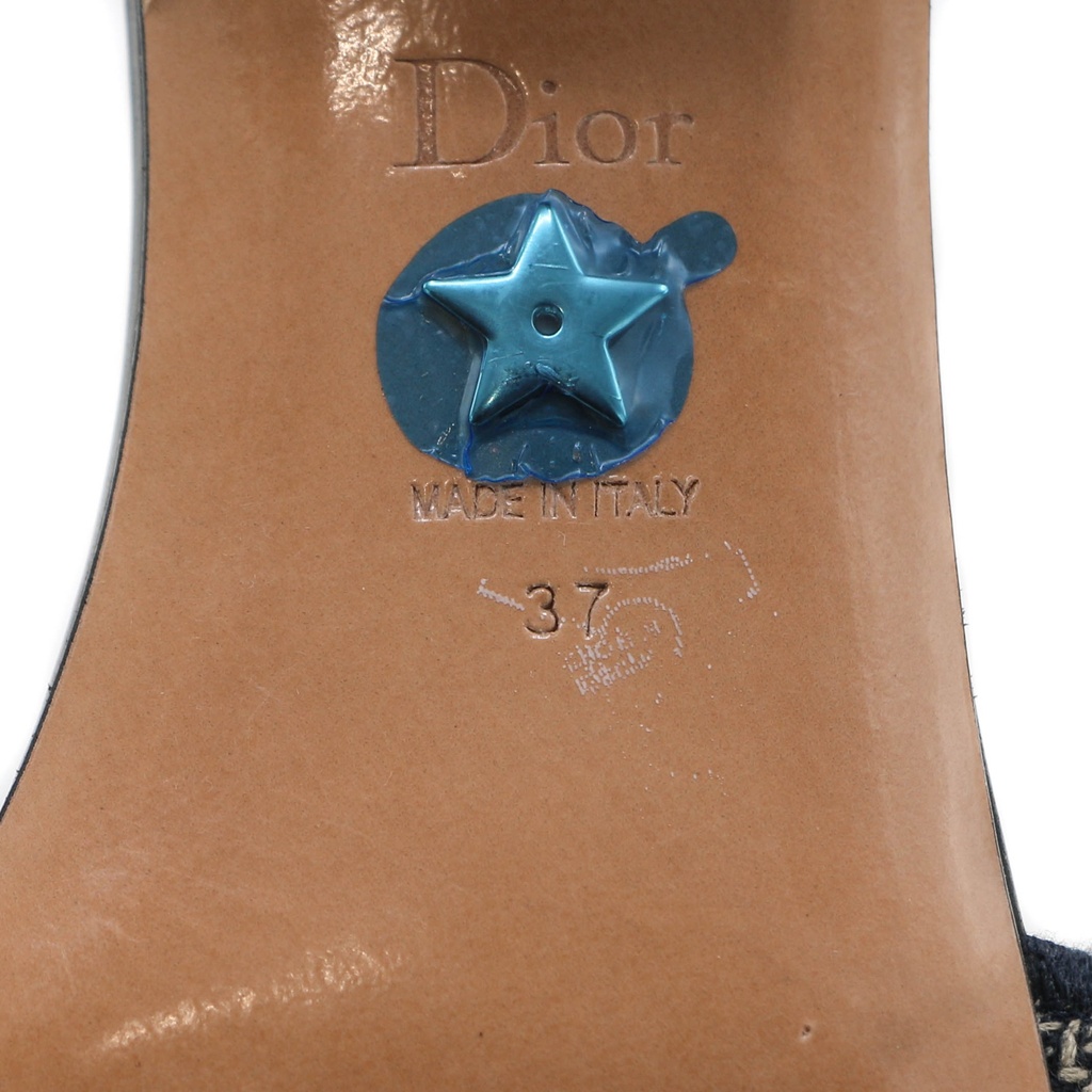 Christian Dior Dway Heeled Slide Dark Blue Embroidered Cotton Size 37 1/2