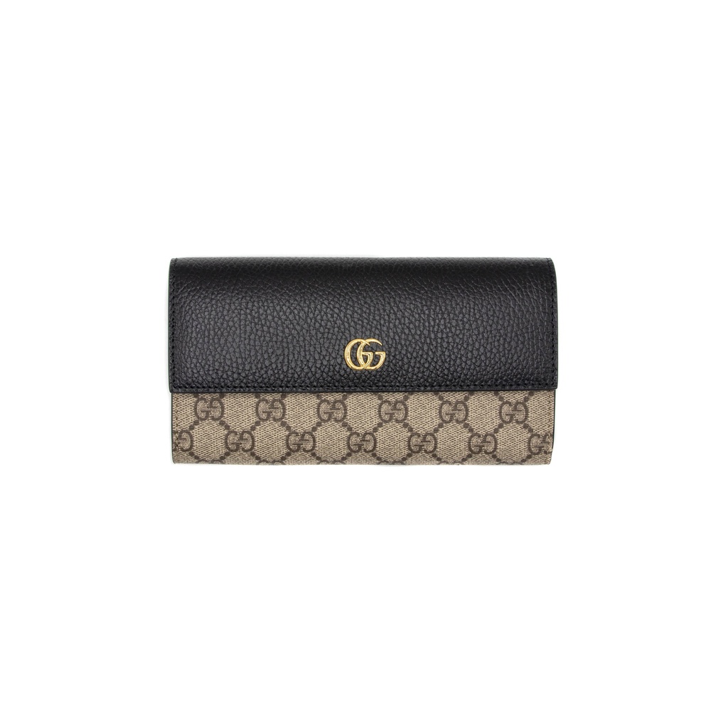 Gucci GG Marmont Leather Continental Wallet Beige and ebony GG Supreme canvas 456116