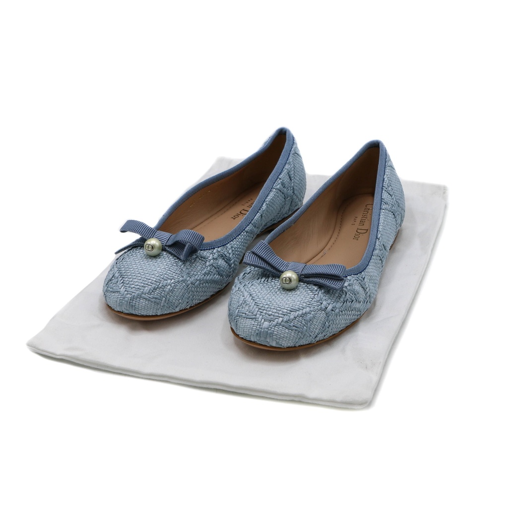 Christian Dior Ballet Flat Blue Quilted Cannage Calfskin Size 37 1/2