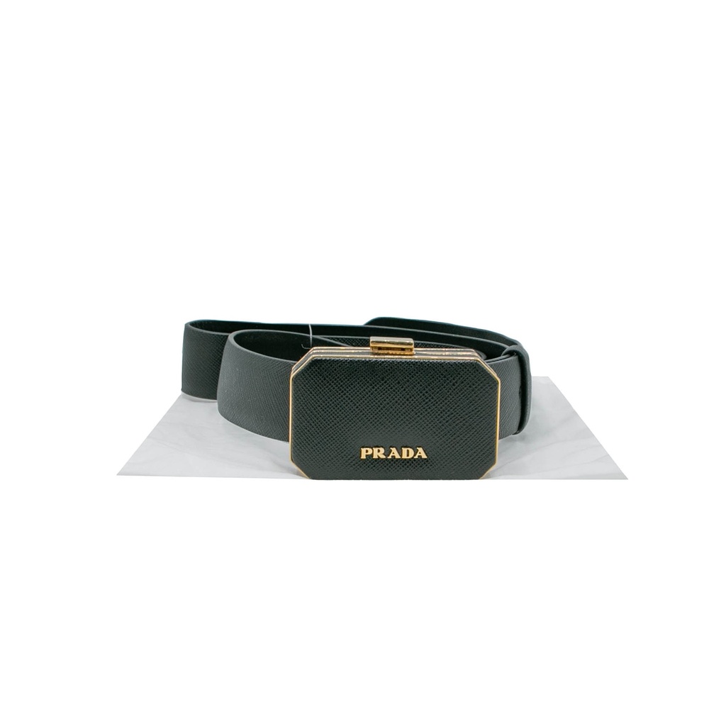 [Prada-16294] Prada Saffiano Lux Leather Belt Octagon Logo Black