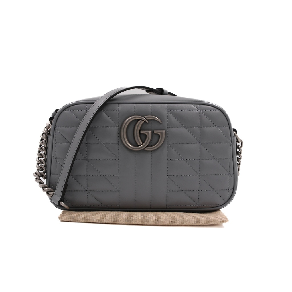 Gucci Calfskin Matelasse Aria Small GG Marmont Chain Shoulder Bag Deep Grey
