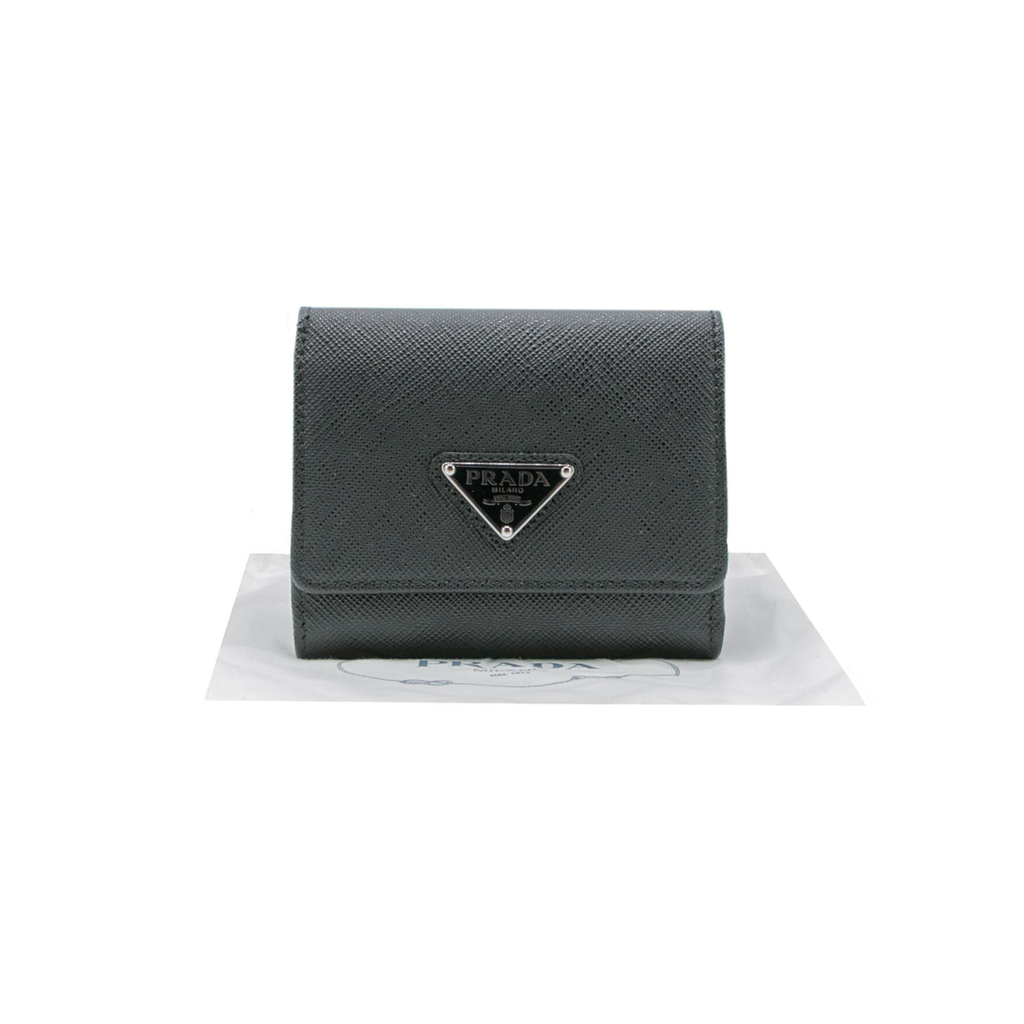 Prada Saffiano Triangle Tri-Fold Wallet Black