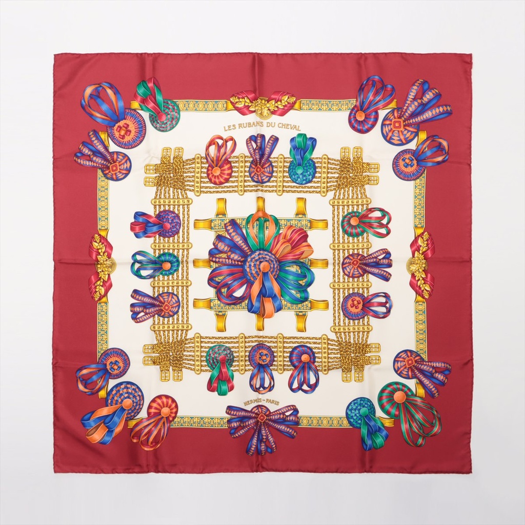 Hermès Carré 90 Les Rubans Du Cheval Scarf Silk Bordeaux
