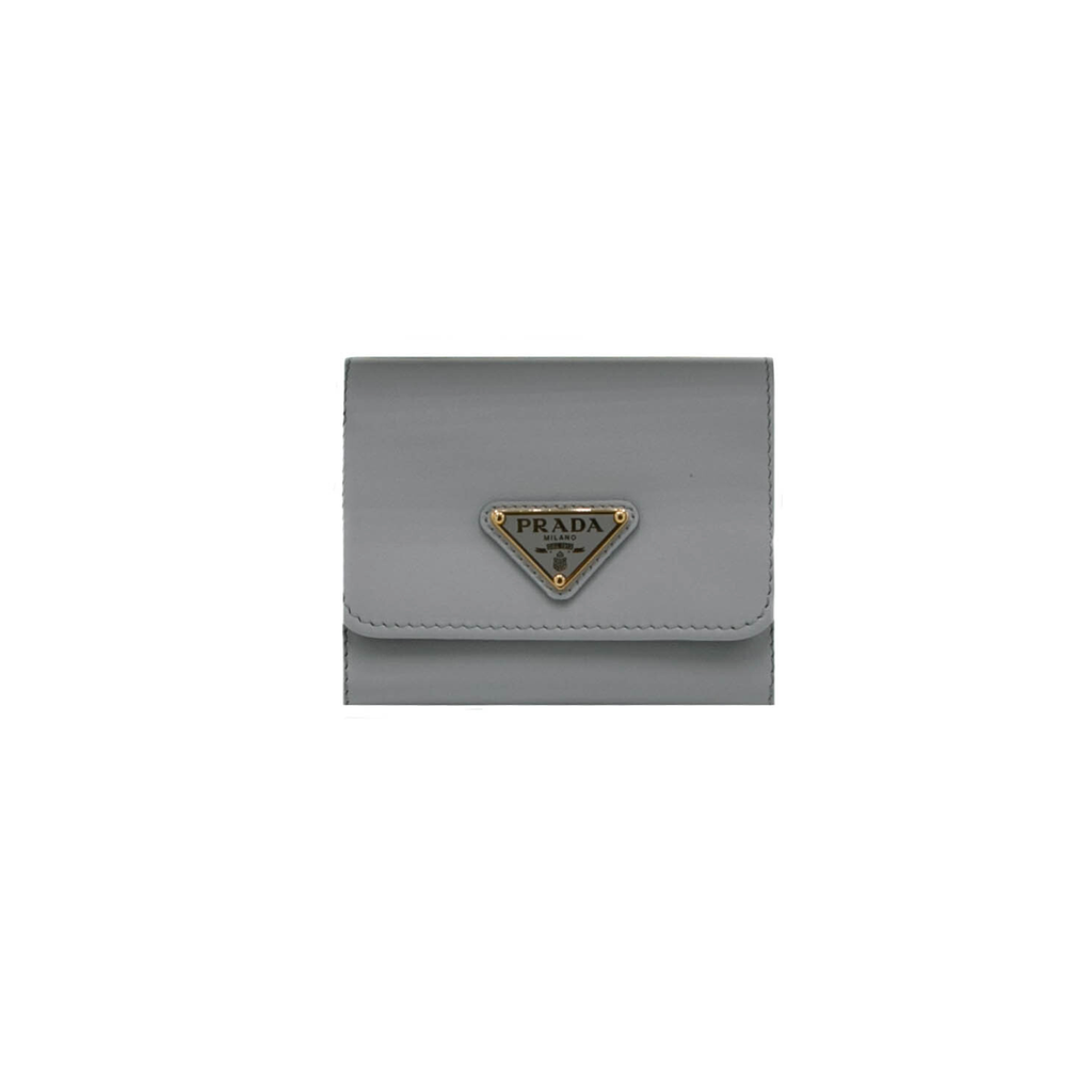 Prada Leather Triangle Tri-Fold Wallet Grey.