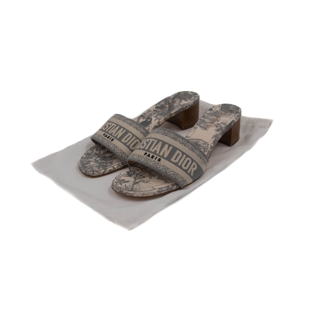 Christian Dior Dway Heeled Gray Toile de Jouy Embroidered Cotton Size 38