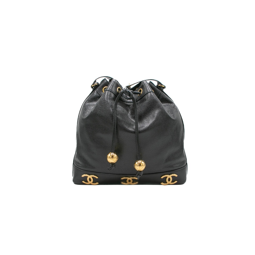 Chanel Caviar CC Drawstring Shoulder Bag Black