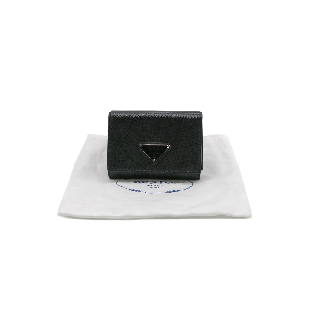 Prada Saffiano Triangle Tri-Fold Wallet Black
