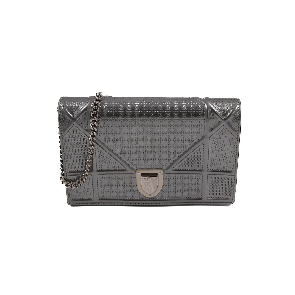 Christian Dior Metallic Patent Micro-Cannage Diorama Wallet on Chain Silver