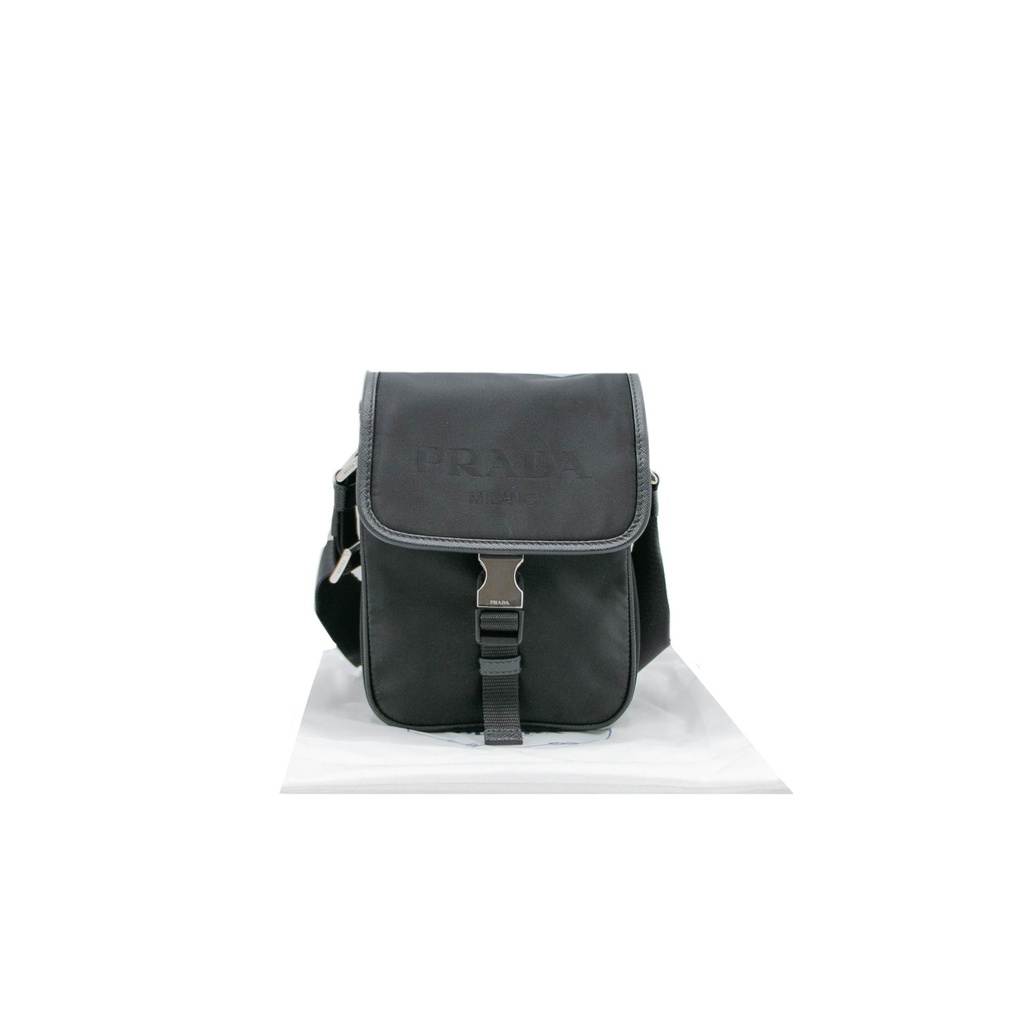Prada Tessuto Nylon Saffiano Logo Messenger Bag Black