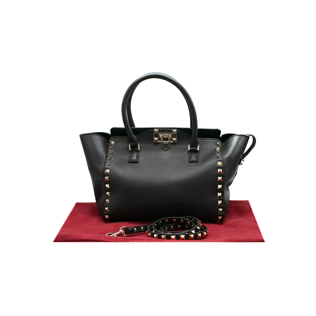 Valentino Garavani Vitello Rockstud Double Handle Tote Black