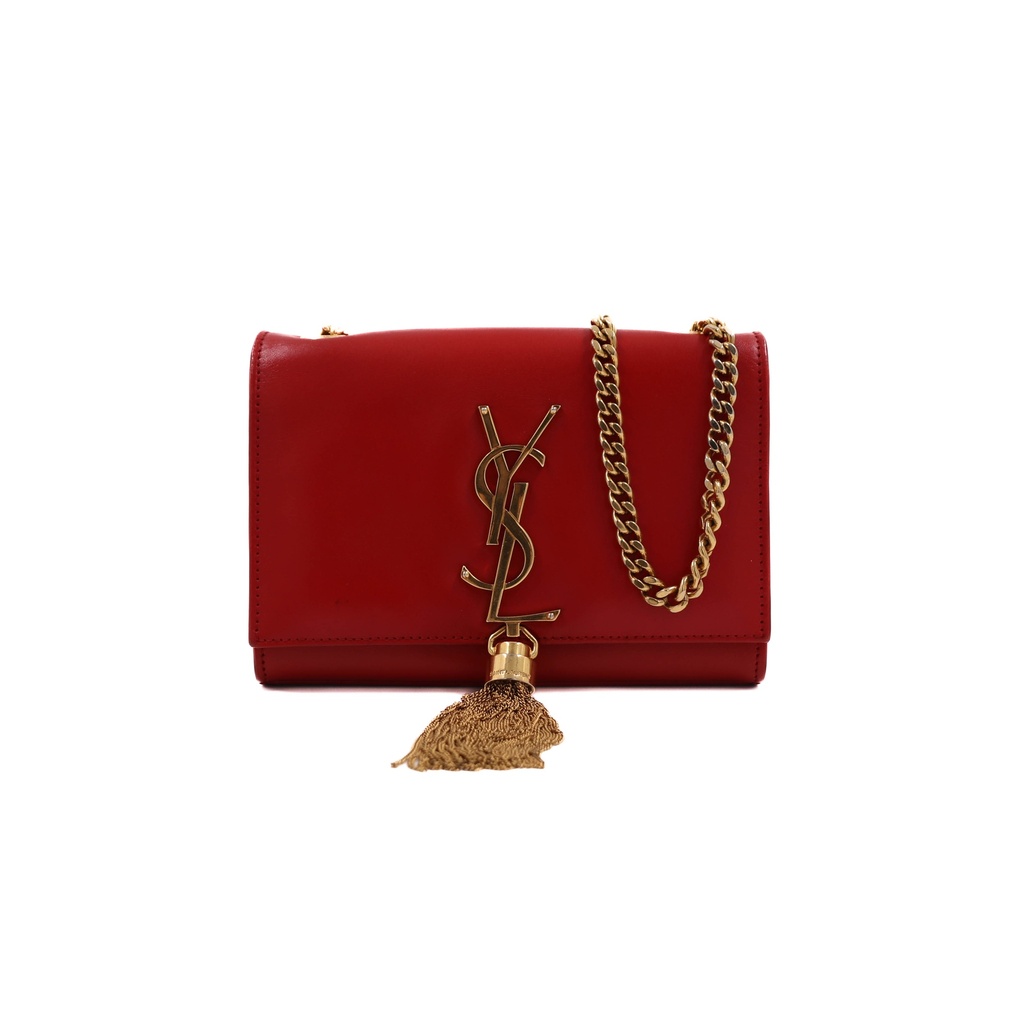 Saint Laurent Calfskin Small Classic Monogram Kate Tassel Satchel Red