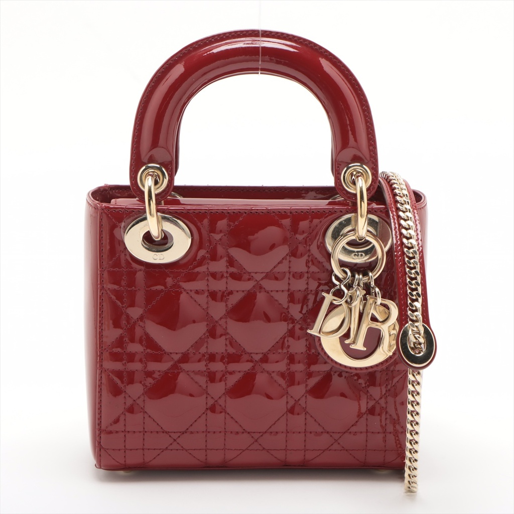 Christian Dior Lady Dior Cannage Patent Leather Handbag Red
