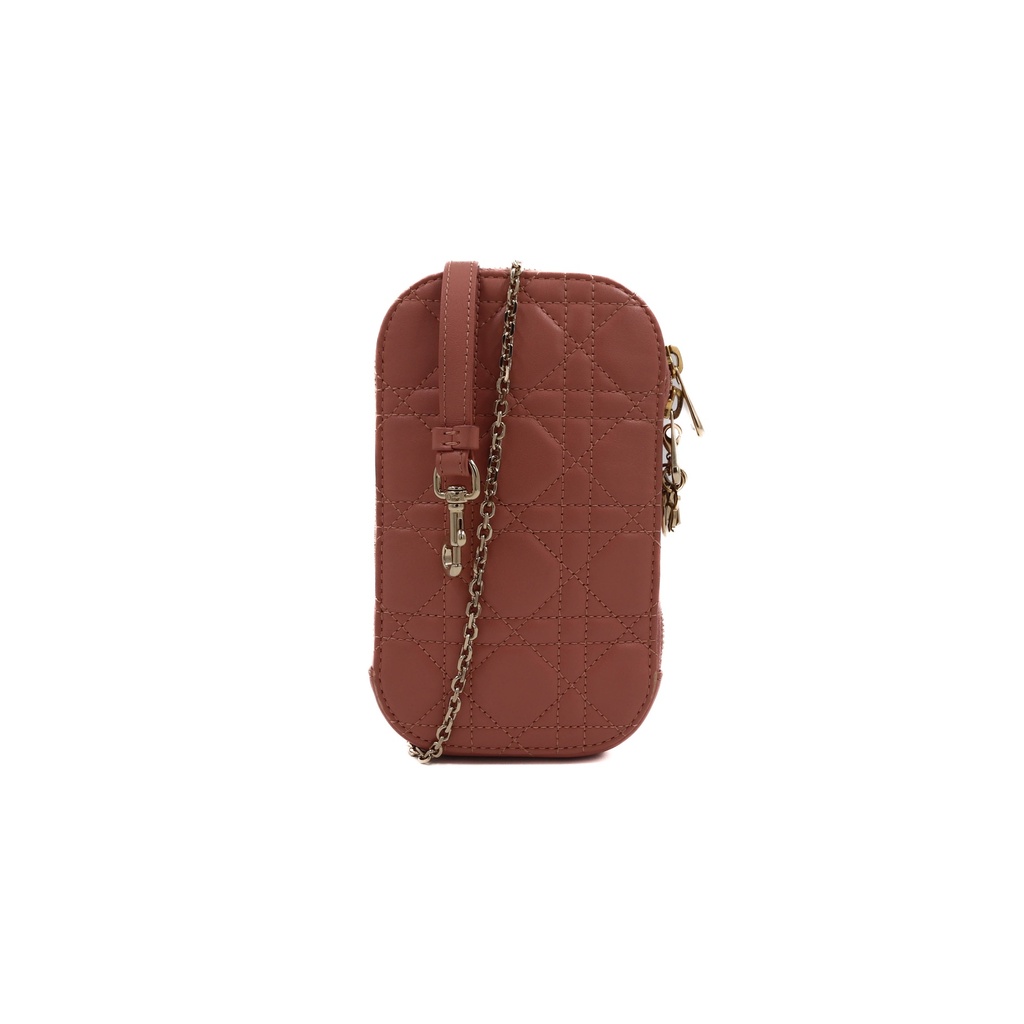 Christian Dior Lady Dior Cannage Phone Holder Leather Chain Shoulder Bag Pink
