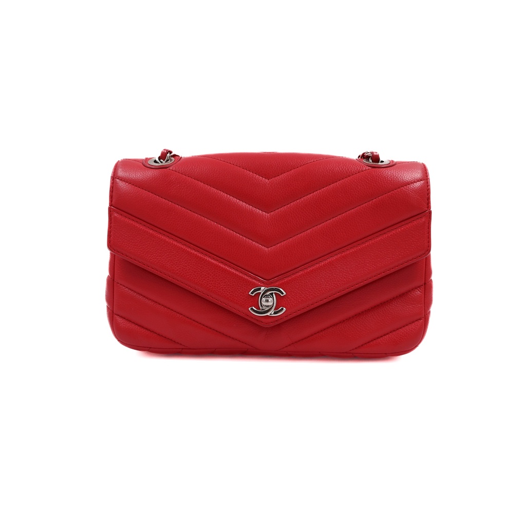 Chanel V Stitch Caviar Skin Single Flap Double Chain Bag Red