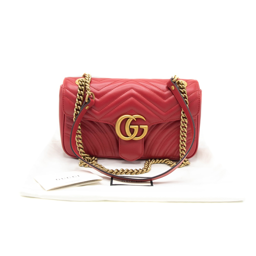 Gucci Calfskin Matelasse Small GG Marmont Shoulder Bag Hibiscus Red