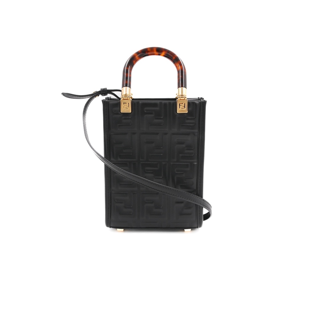 Fendi Vitello FF Embossed Mini Fendi Sunshine Shopper Tote Black