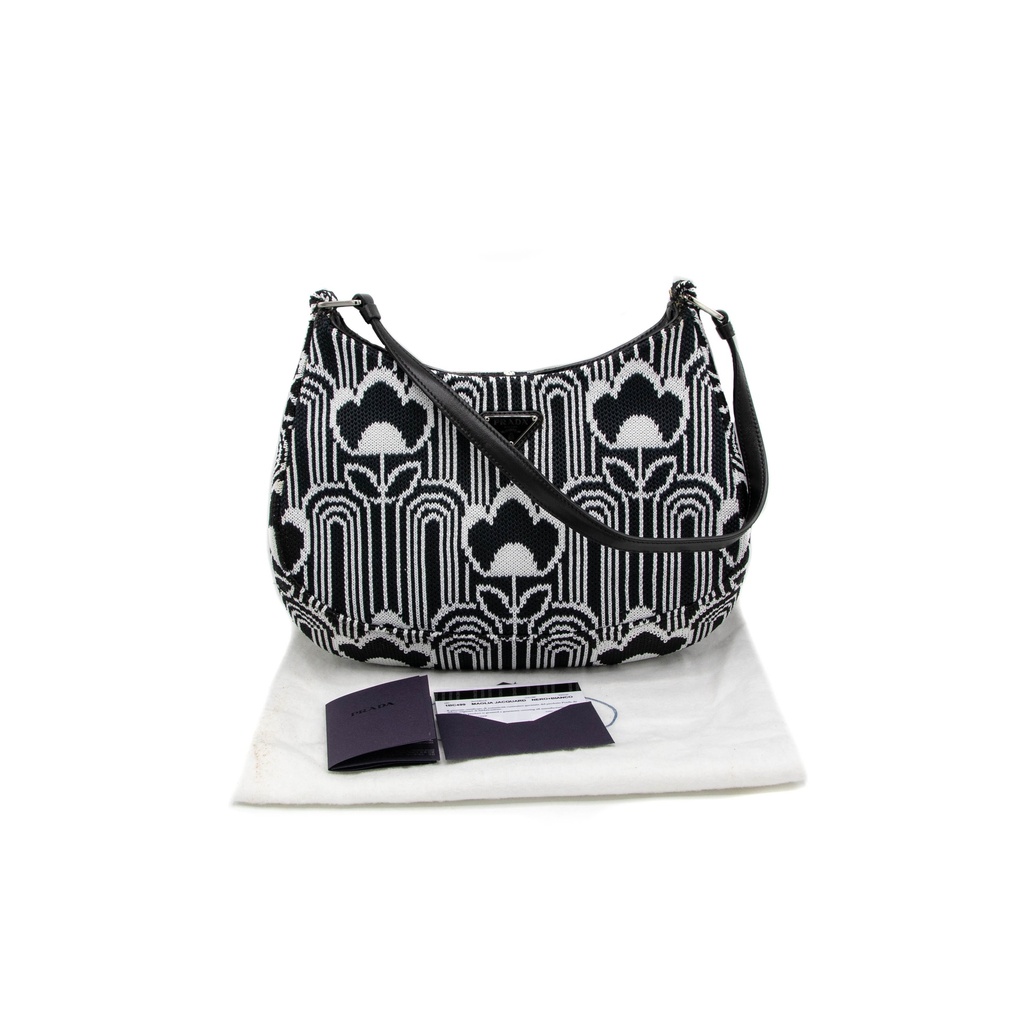 [Prada-19745] Prada Black/White Cleo Jacquard Knit and Leather Bag
