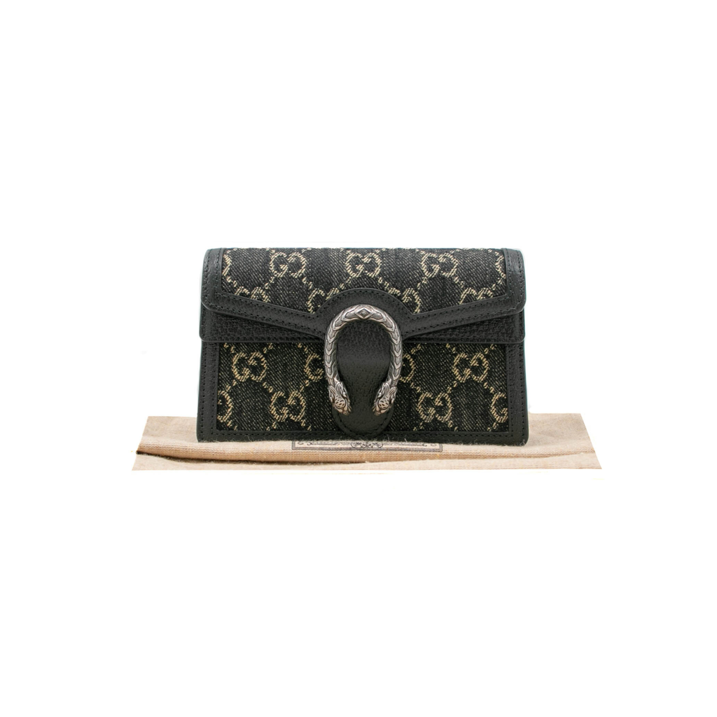 Gucci Jacquard Black Denim GG Monogram Super Mini Dionysus Shoulder Bag Black Ivory