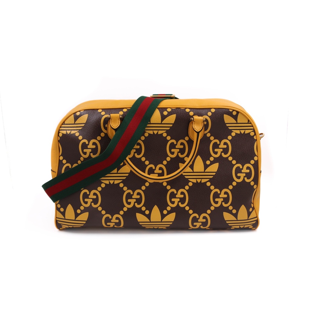 Gucci x Adidas Travel Bag Duffle Yellow And Brown Leather 702422