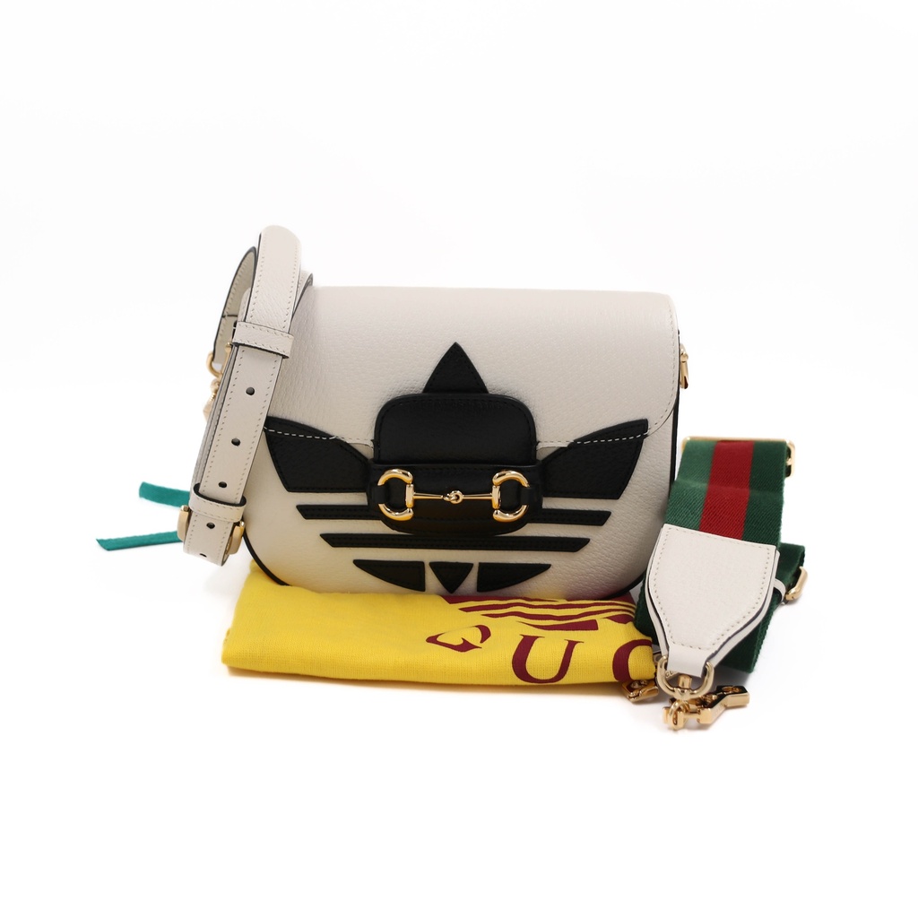 Gucci  X Adidas Textured Calfskin Web Mini Horsebit 1955 Shoulder Bag White 658574