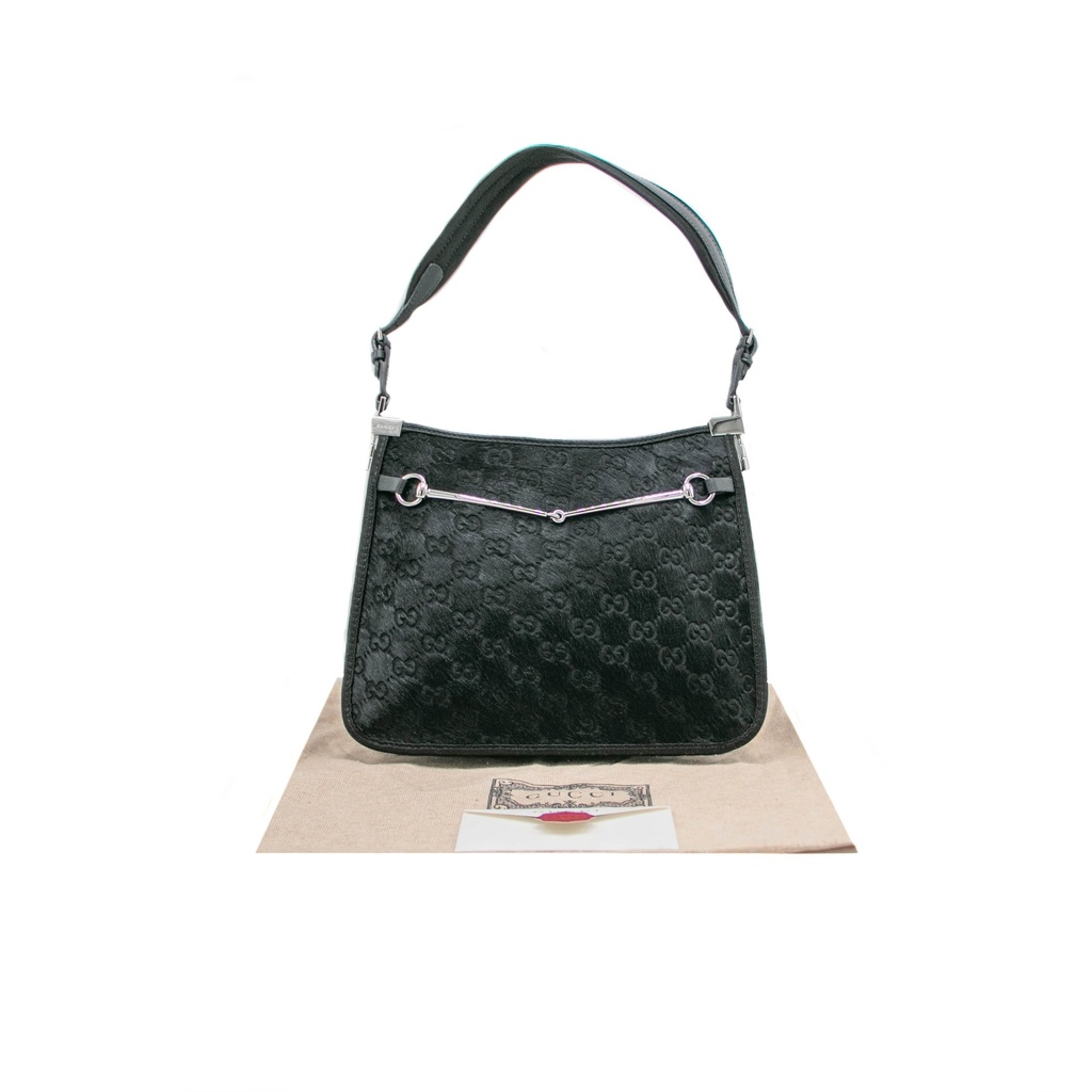 Gucci Horsebit Detailed Leather Trimmed Calf Hair Shoulder Bag
