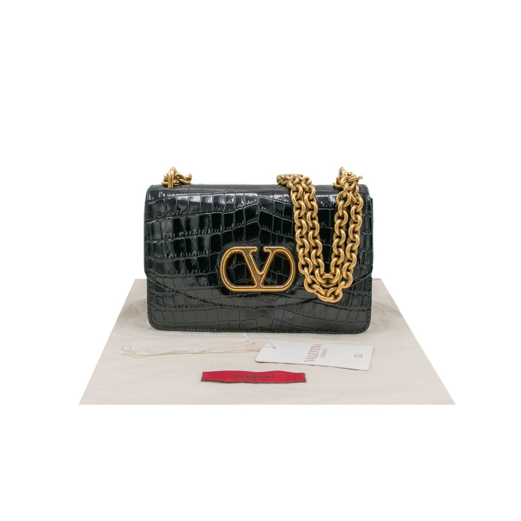 [Valentino-20456] Valentino Garavani Vain Small Shoulder Bag In Crocodile Leather in Black