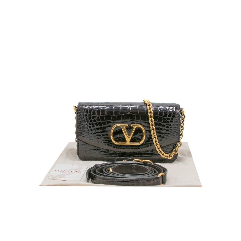 [Valentino-20466] Valentino Garavani Vain Small Shoulder Bag In Crocodile Leather Brown
