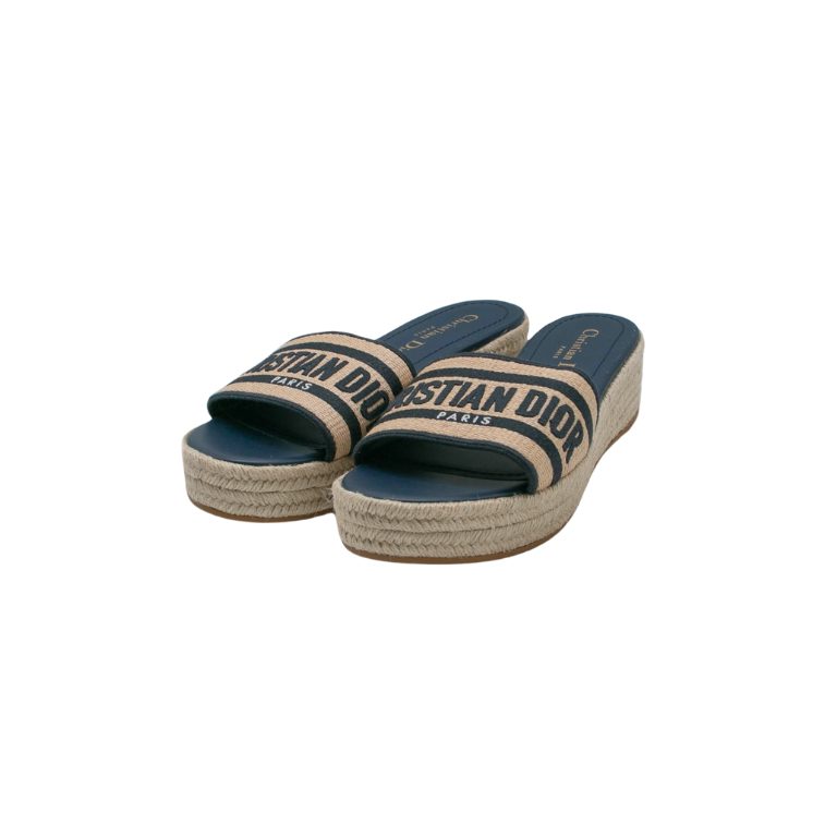 Christian Dior Dway Platform Slide Natural Raffia and Deep Blue Embroidered Cotton Size 37