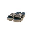 Christian Dior Dway Platform Slide Natural Raffia and Deep Blue Embroidered Cotton Size 37