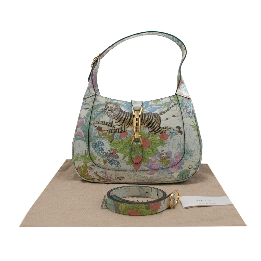 Gucci New Shangai Calfskin Tiger Savanah Small Jackie 1961 Hobo Chalky White Multicolor 636709