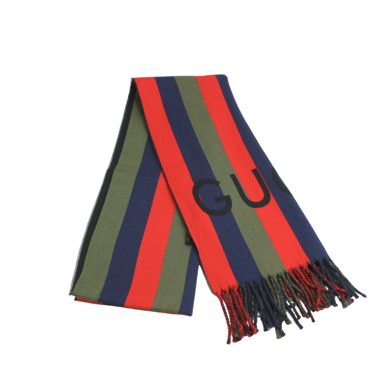 Gucci Wool Blue/Green/Red Stripes Scarf 627873 In Size 33x195