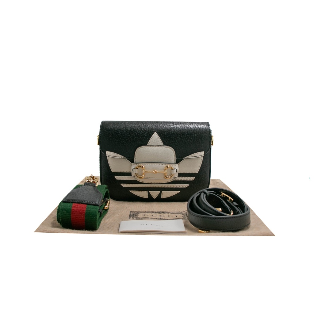 Gucci  X Adidas Textured Calfskin Web Mini Horsebit 1955 Black Shoulder Bag 658574