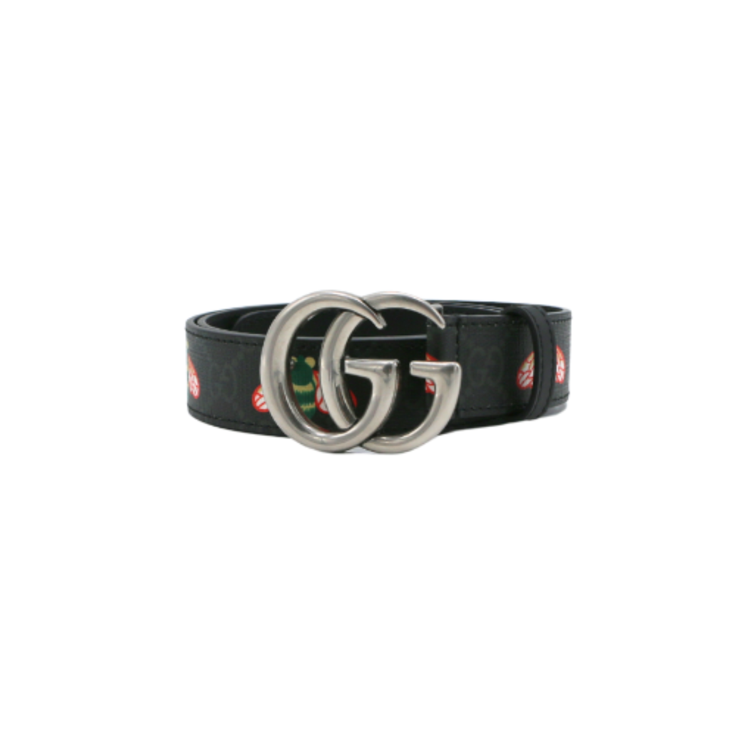 [Gucci-20590] Gucci Bee Leather Slim Black Belt with Double G Buckle  414516 80 32